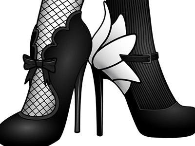 Bounty hunters (close-up) black and white digital illustration fishnet flowers heels high socks shoes stockings