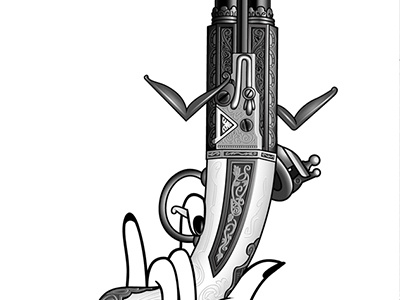 Bounty hunters (close-up) black and white carving digital illustration flintlock pistol weapon zilch