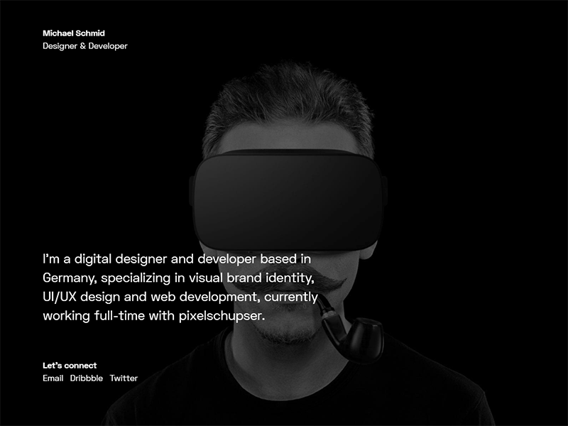 2019 black clean dark glitch minimal moustache personal pipe profile redesign vr web webdesign website white