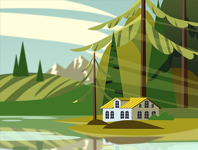 Дом у озера ai branding design illustration logo vector дом лес озеро открытка природа