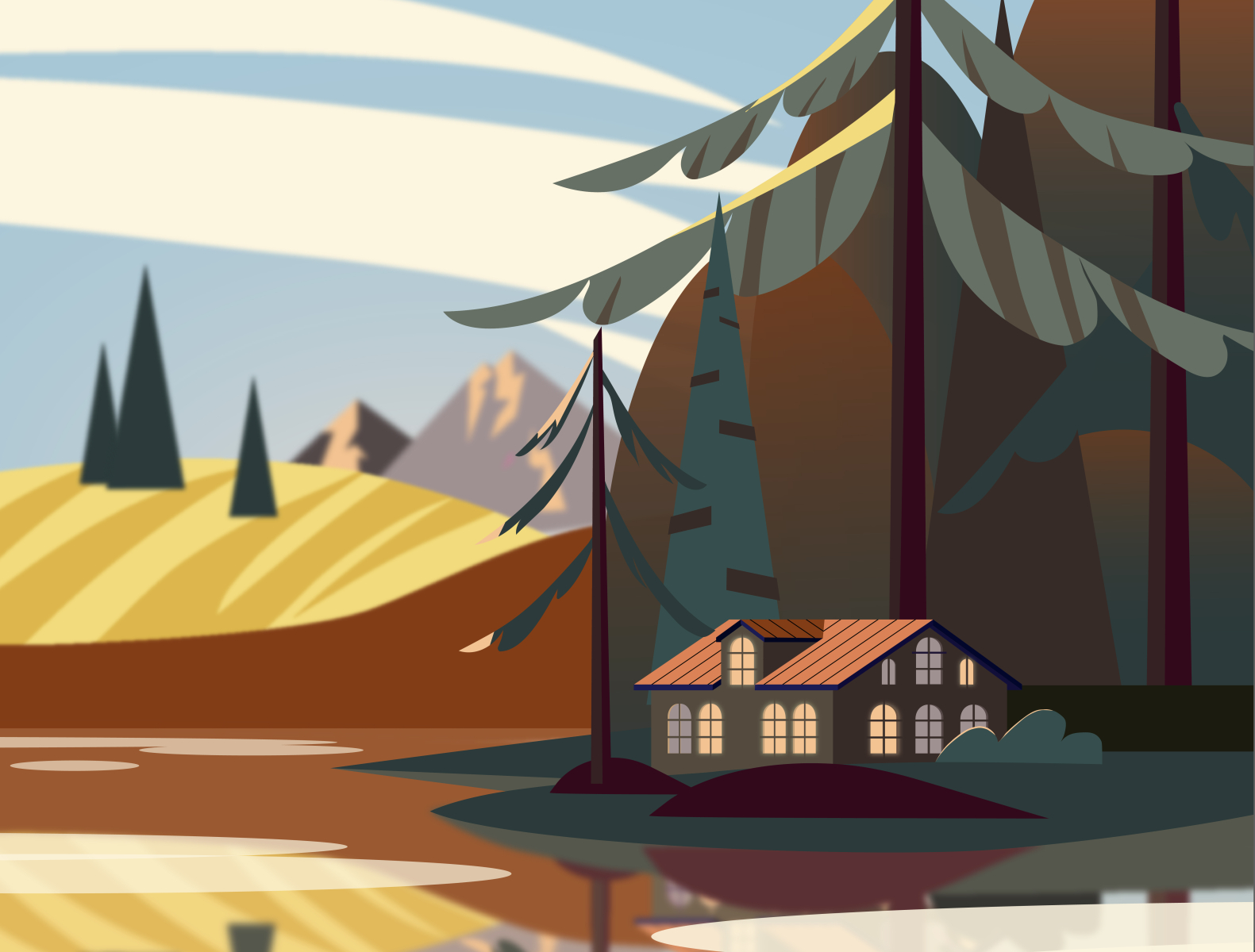 дом у озера ai design illustration vector дом лес обложка озеро осень открытка природа
