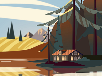 дом у озера ai design illustration vector дом лес обложка озеро осень открытка природа