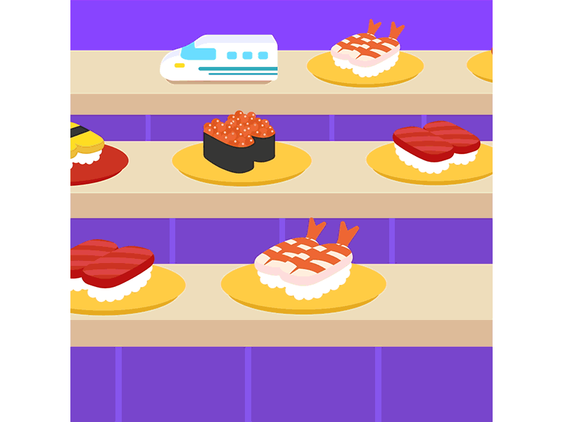 Exciting Conveyor Belt Sushi 2d animations after effects animation character animation conveyor belt sushi design graphic design japan japanese style kaitenzushi motion graphics sushi sushilover this is japan