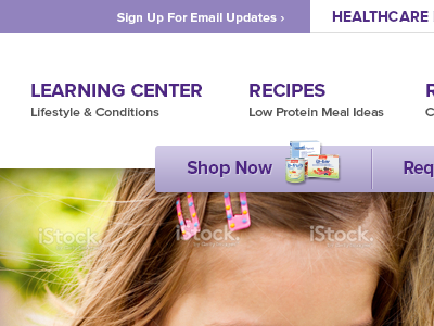 Inverted header, Shop Now button header health medical navigation proxima nova purple white