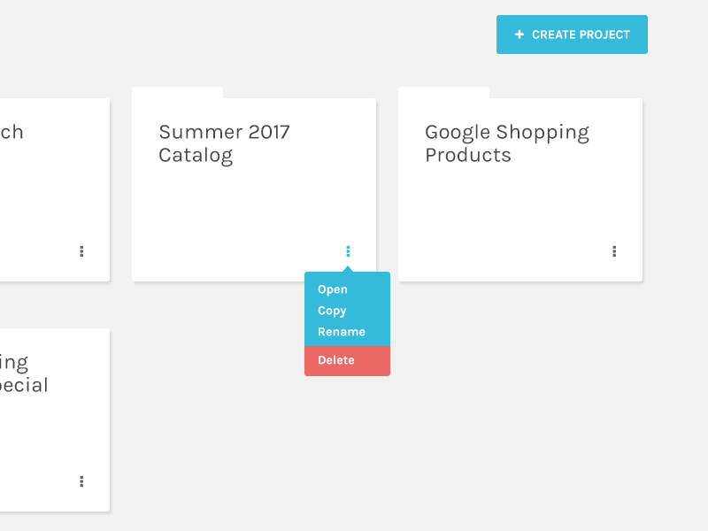 Take action actions dropdown b2b ecommerce product button folder projects pims pim