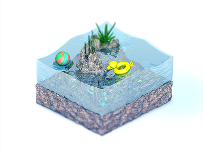 Little piece of sea 3d aquarium cartoon design garden illustration isometric modeling sea