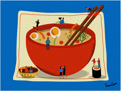 Ramen! Ramen! dinner egg fish food grounge illustration japan magazine minimal people poster ramen
