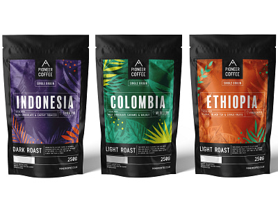 Pioneer Coffee - Origins range packaging branding coffee coffee packaging design food food and drink illustration logo packaging