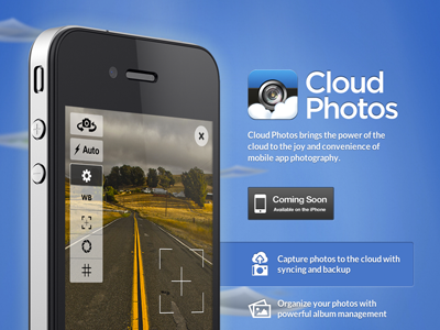 Cloud Photos: Coming Soon buttons icons landing live screenshot mobile