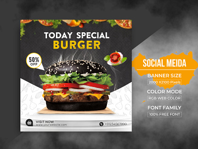 Social Media Burger Post Banner Template Design banner design branding burger doodles burgers flyer design facebook ad food icon stamp food king fried potatoes graphic design illustration instagram banner logo motion graphics potato flying product design social poster