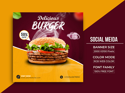 Social Media Delicious Burger Post Banner Template Design awesome burger banner design branding burger banner burger post design facebook ad facebook banner facebook cover food banner graphic design illustration instagram banner product design social media post social poster web banner