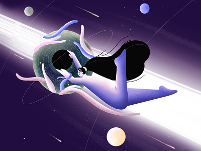 In the Space 2d art 2d illustration black hole character character design characterdesign cute character cute girl floating floating woman galaxy illustraion planet sky space space illustration space woman univers woman character woman illustration
