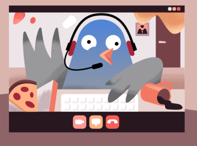 Pablo the Newsletter Pigeon affinity designer character home office illustration newsletter pigeon pizza quarantine skype