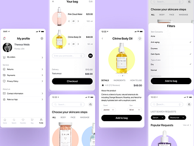 Skincare Mobile App cosmetics ecommerce app fliters homepage mobile app product card profile page search page skincare uxdesign