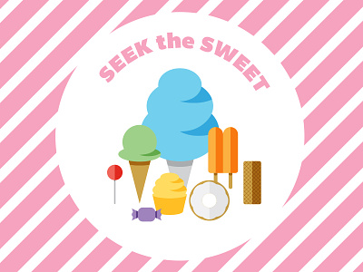 Seek The Sweet Party candy cotton candy cupcake donut ice cream junk food popsicle sucker sweets taffy vector wafer