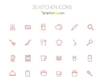 Freebie! 30 kitchen icons in AI and PSD