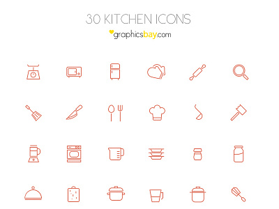 Freebie! 30 kitchen icons in AI and PSD ai icons free icons icon design icon set icons outline icons psd icons