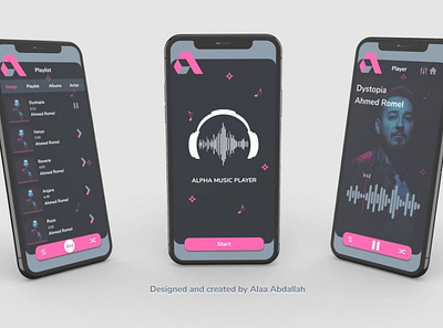 Alpha music app design 2020 design 2020 trend black branding figma figmadesign headphone iphone mobile mobile app mobile design mobile ui mockups modern design music pink play playlist prototype ui