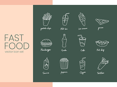 Stroke fast food icon set in hand drawn doodle style bunch coffee pot cola collection collection icon donut drink eat fast fastfood fries hamburger icon set line art lunch meal outline pattern soda symbol