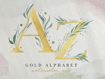 SET - Gold alphabet with leaf watercolor letters A to Z