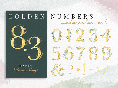 Golden numbers watercolor cliparts. 0 to 9 and ampersand