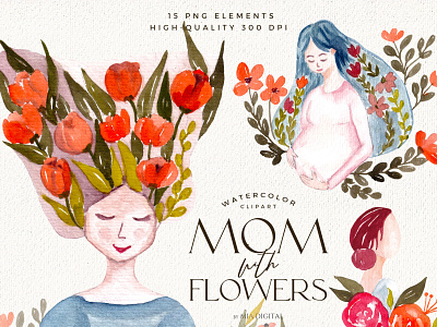 Mom with Flowers Clipart - Happy Mother's Day PNG Clip Art art artwork clipart cute design drawing floral flower hand drawn illustration mom moms mother motherhood mothers day mothersday painting watercolor watercolor illustration watercolor painting
