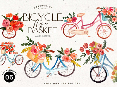 Bicycle with Flower Basket - Watercolor Flowers art artwork basket bicycle bicycles bicycling bike bike ride cute drawing drawn floral flower hand drawn illustration lovely painting pink png summer