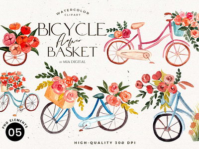 Bicycle with Flower Basket - Watercolor Flowers