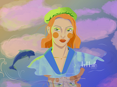 Little Dolphin and Friend clouds colorful design digital illustration digitalart dolphin illustration reflection woman illustration woman portrait