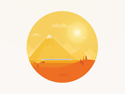 On The Road 4 building cloud illustration mountain sun train yellow