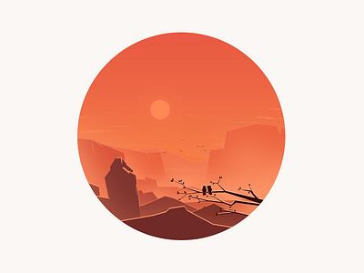 8 bird cloud fog hot illustration mountain orange rock sun tree