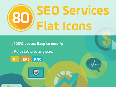 80 SEO Services Icons Flat Style + Long Shadow