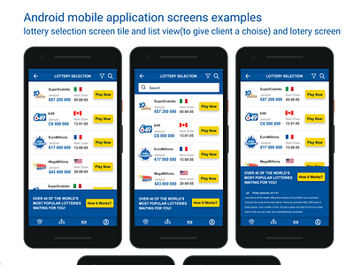 Lottery selection screens. Android mobile App Screens example.