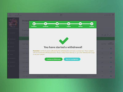 Confirm withdrawal and Details Page dashboard details steps success table ui