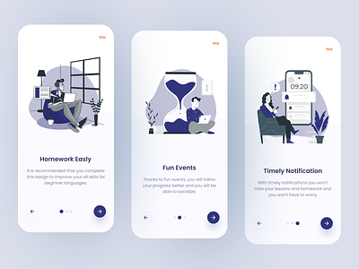 Language Course App / Onboarding app application back blue illustration language mobile mobile app mobile app design mobile design next onboard onboarding onboarding illustration onboarding screen onboarding screens onboarding ui online purple skip