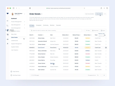 Dashboard / Order Details Page customer dashboard dashboard design dashboard ui detail page details ecommerce export filter layout list order order management orders pages search side menu status ui ux