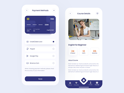 Language Course App / Payment Methods and Course Details Pages app border bottom menu chapter course credit card earn english language language learning learn mobile mobile app payment payment method radio button reward shadow ui ux
