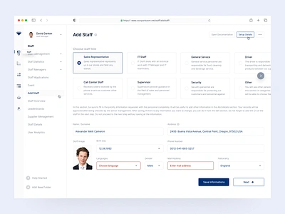 Dashboard / Add Staff Page add add new choose cv cv design dashboard dashboard design dashboard ui employee information member personal personnel profile recruiting side menu staff staffing title work