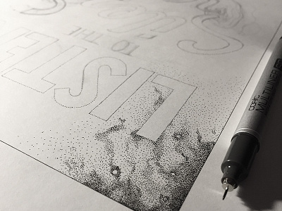 Listen illustration lettering stippling type wip