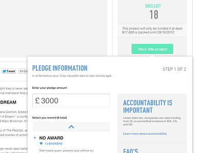 Pledge an Amount blue crowdsourcing green minimalist money pledge simple tooltip ui ux white