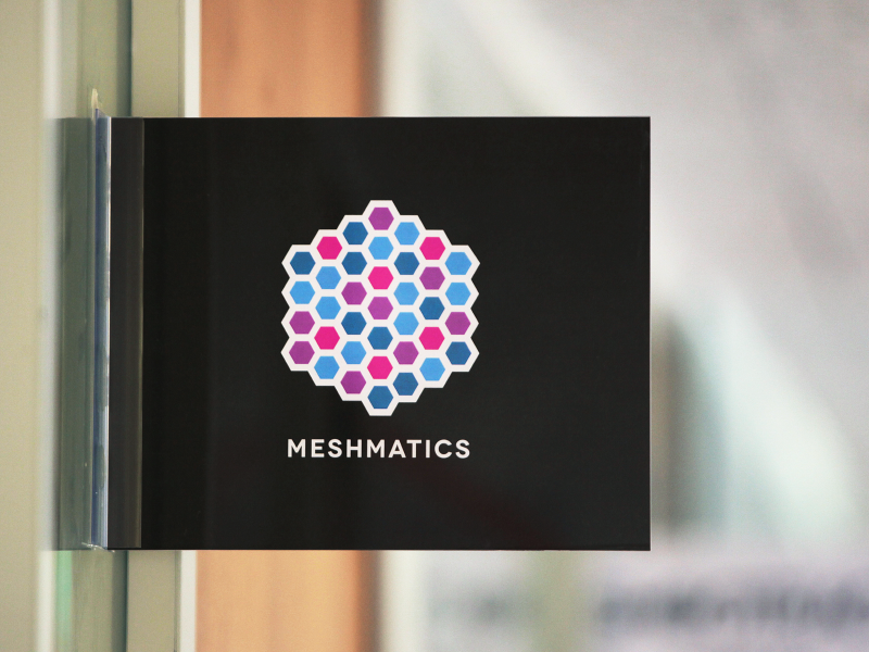 Meshmatics Office logo brand geometric hexagon technology startup mega mega inc meshmatics bright sign office