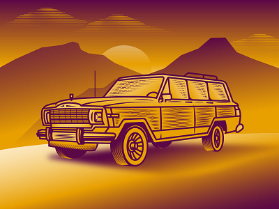 Woody gradient illustration jeep landscape mountains sunset woody