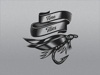 TIME FLIES badge fishing fly fly fishing hook illustration nymph texture vector