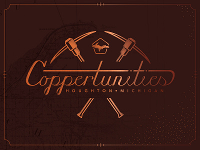 Coppertunities Script (WIP) copper hand lettering illustration michigan mockup pick axe script