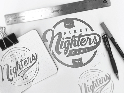 First Nighters Club badge brand illustration lettering mockup patch process script sketch