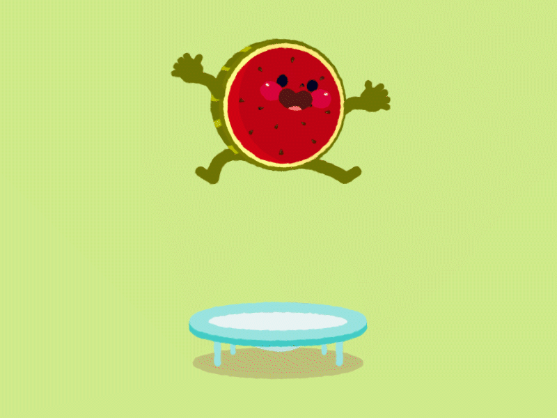 Don't Stop Me!! animatedgif animation 2d character cute flat design fruit fruit illustration fun green happiness illustration illustration art trampoline watermelon