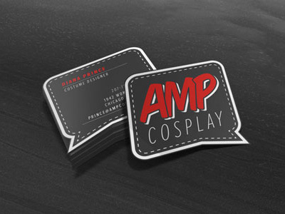 Amp Cosplay Business Cards black branding business cards cosplay costume designer identity red sewing
