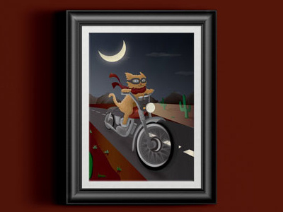 A cat. On a bike. bike cat dark desert drive goggles motorcycle night road sky travel