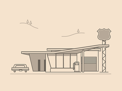 Gas Station 50s america car clean gas station illustration petrol route 66
