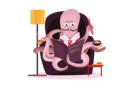 Octopus reading a newspaper character design flat illustration illustrator vector